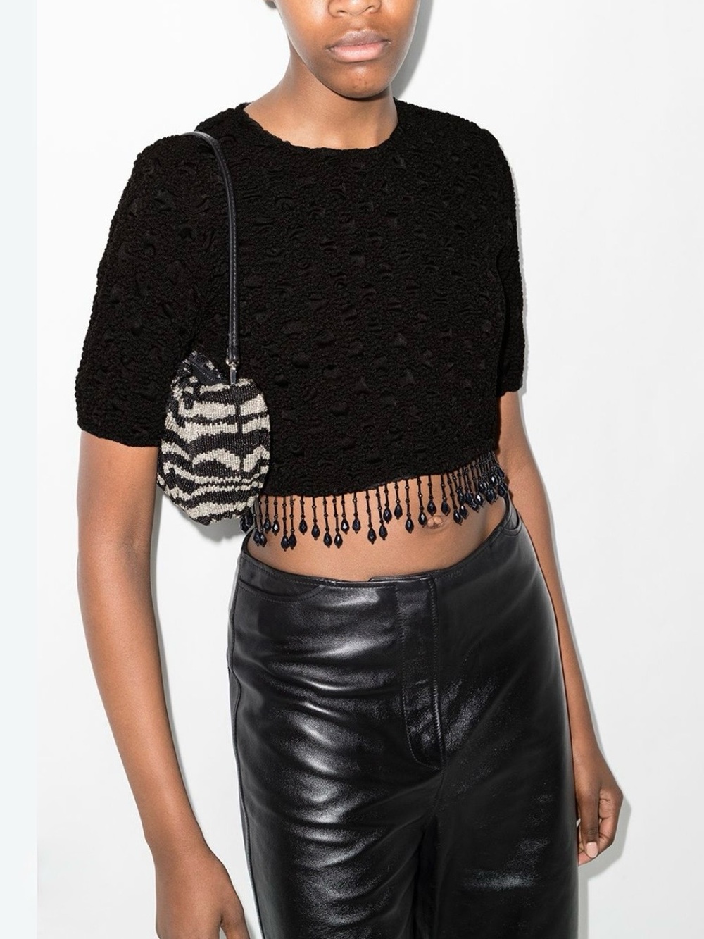 LIKE NEW Ganni Women’s Smock Beaded Fringe Cropped Top in Black - 42 (US10/12)